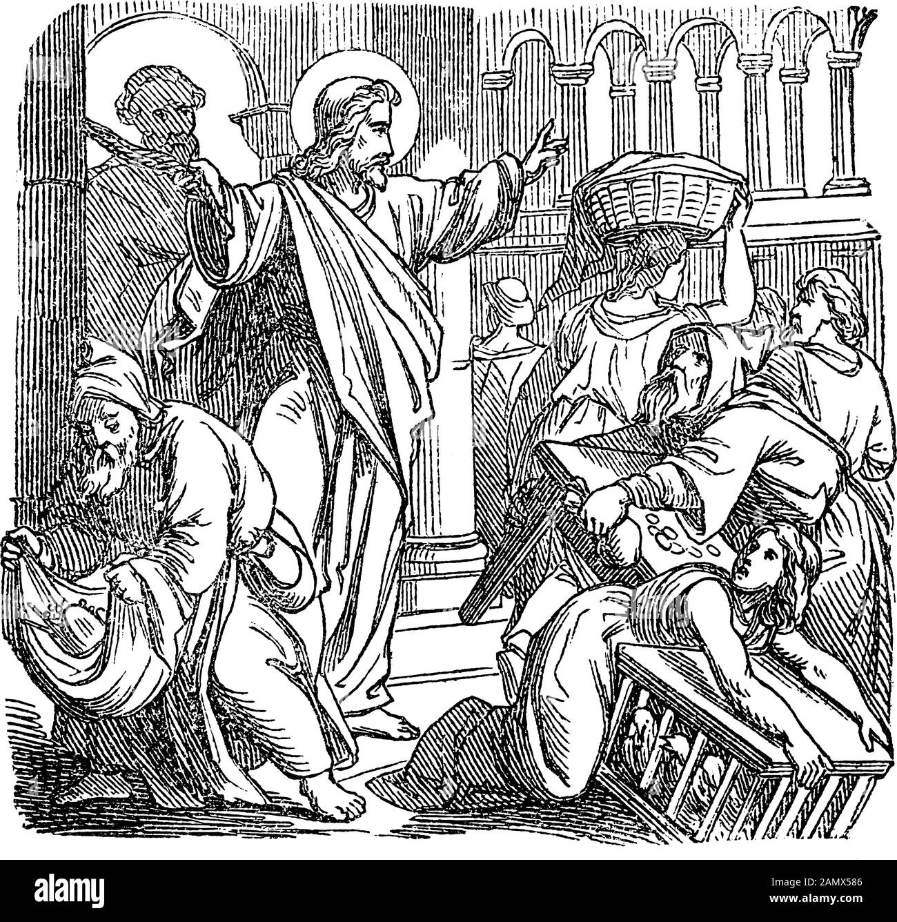 Vintage drawing or engraving of biblical story of Jesus cleared the temple of Jerusalem from Merchants and Sellers.Bible, New Testament,John 2. Biblische Geschichte , Germany 1859. Stock Vector