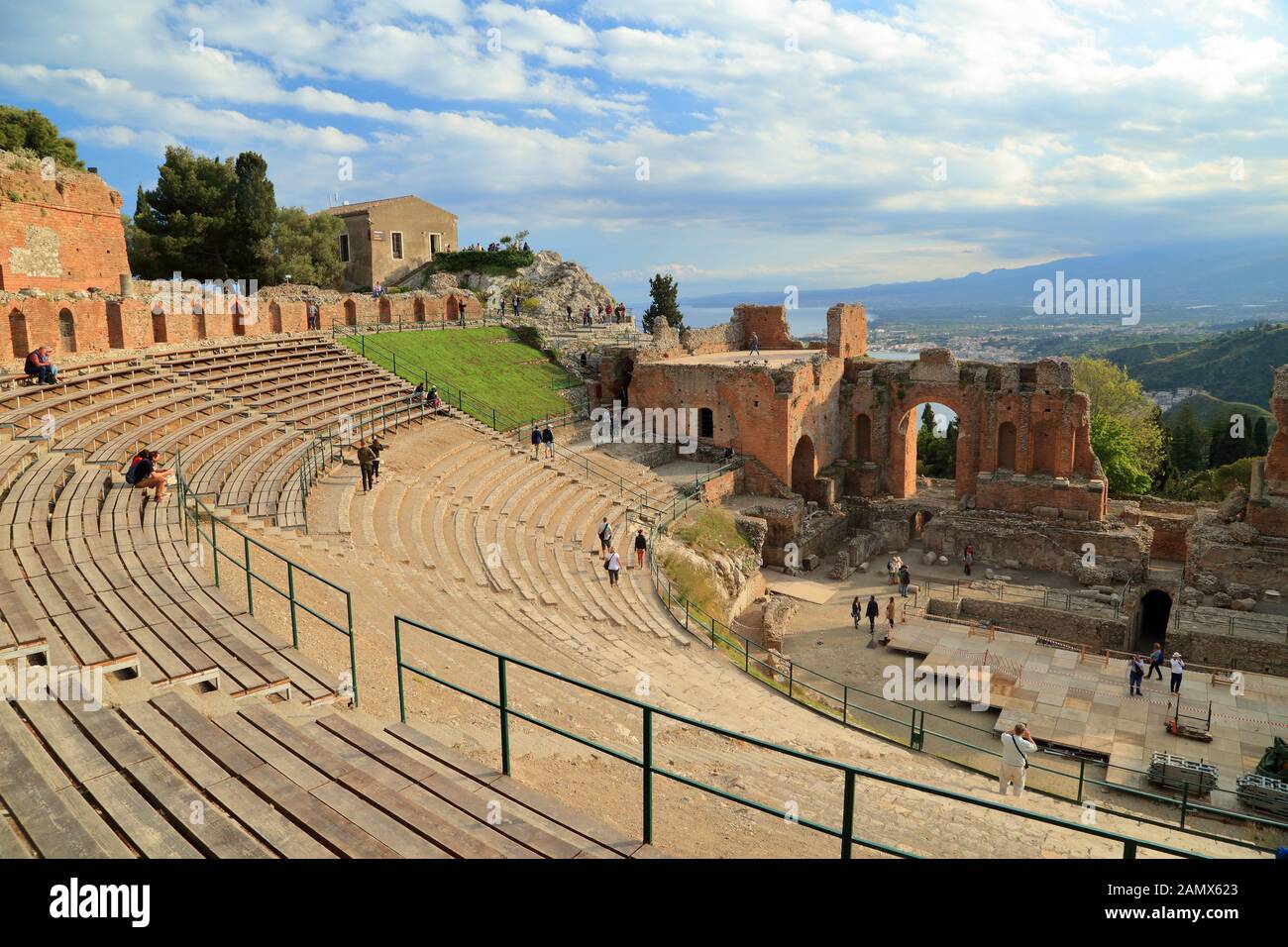 Ancient Greek theatre (Teatro Greco) of Taormina. Teatro antico di Taormina Stock Photo