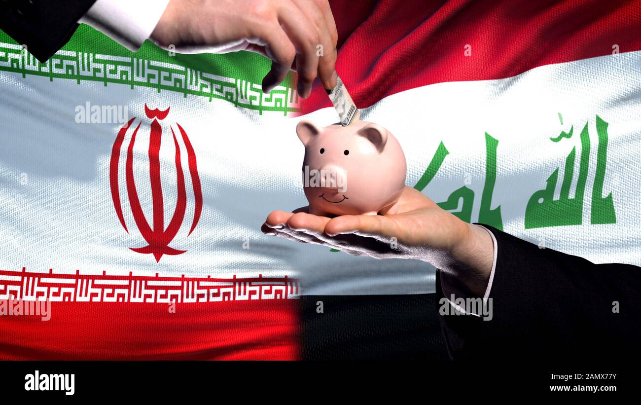 Iran investment in Iraq, hand putting money in piggybank on flag