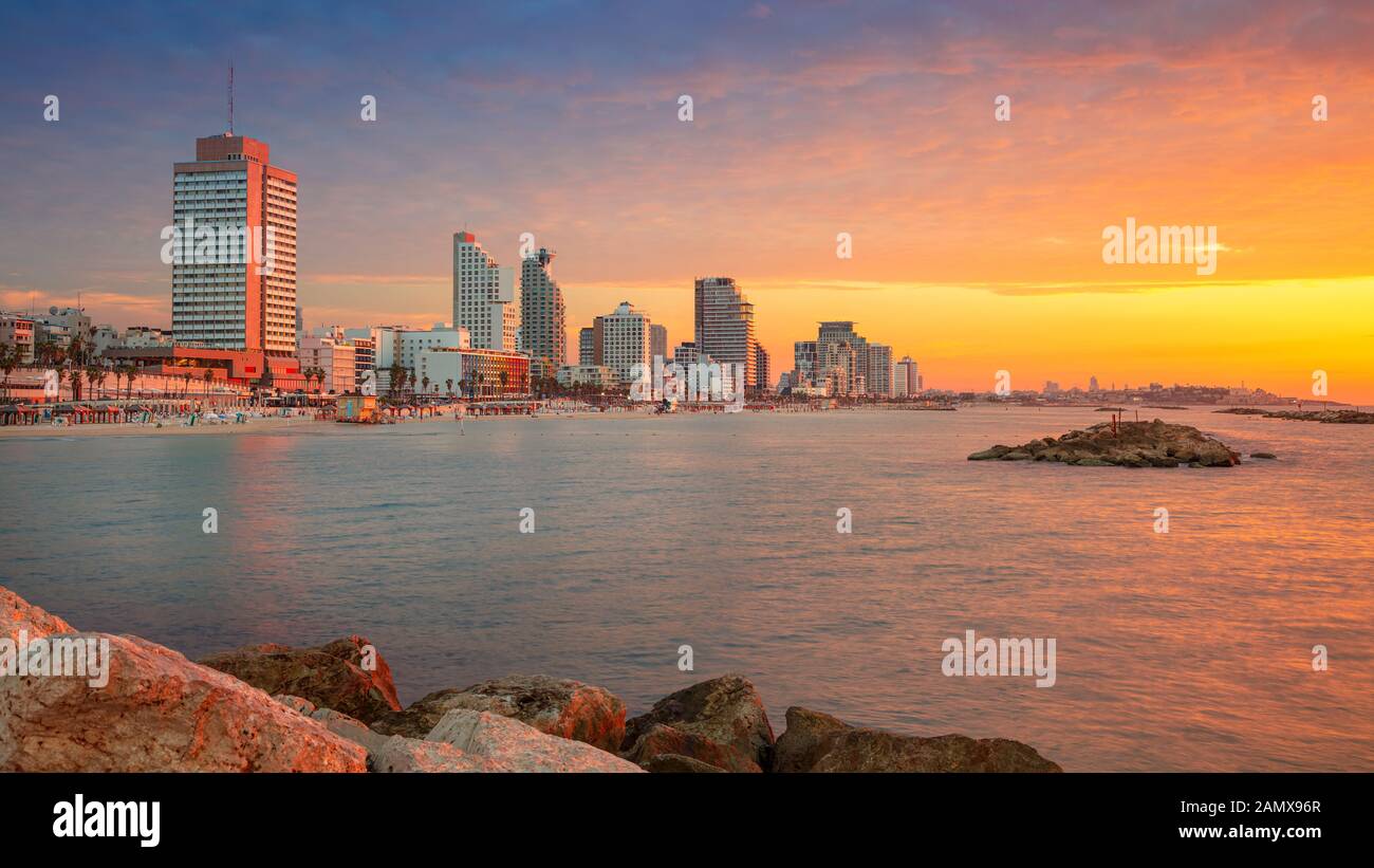 Tel Aviv, Israel. Panoramic cityscape image of Tel Aviv, Israel during beautiful sunset. Stock Photo