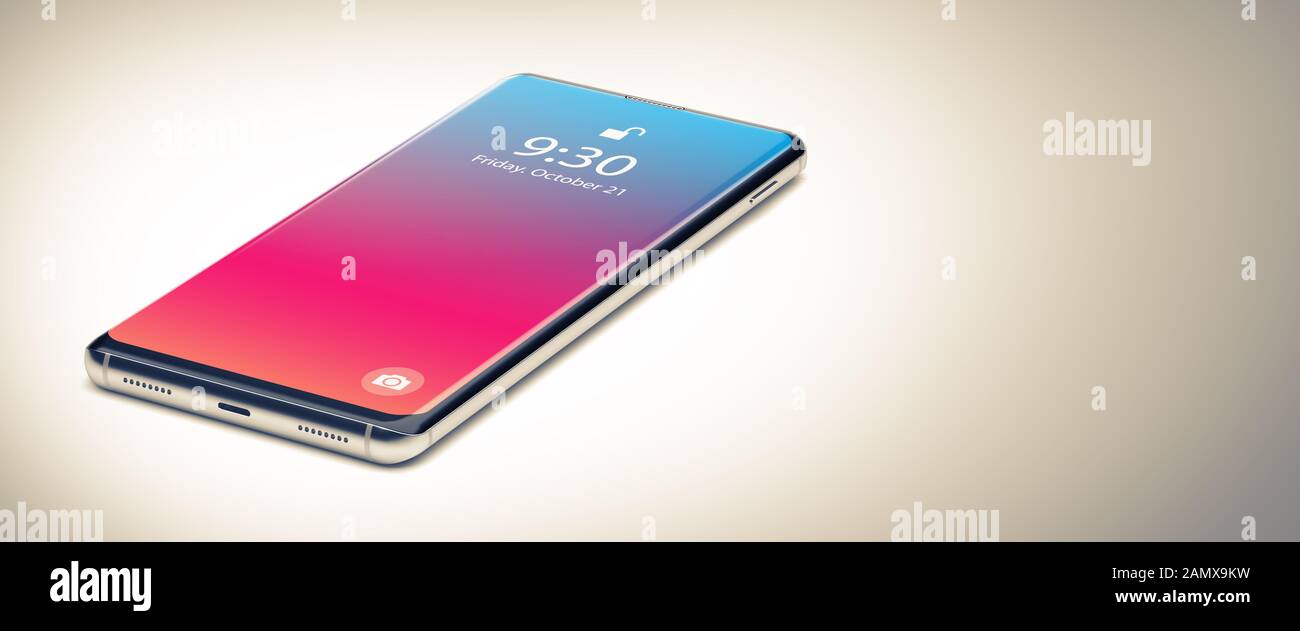 A Smartphone or Cell Phone on White Table. Close Up. Top Down View. Mobile Phone Concept. 3D Render. Stock Photo