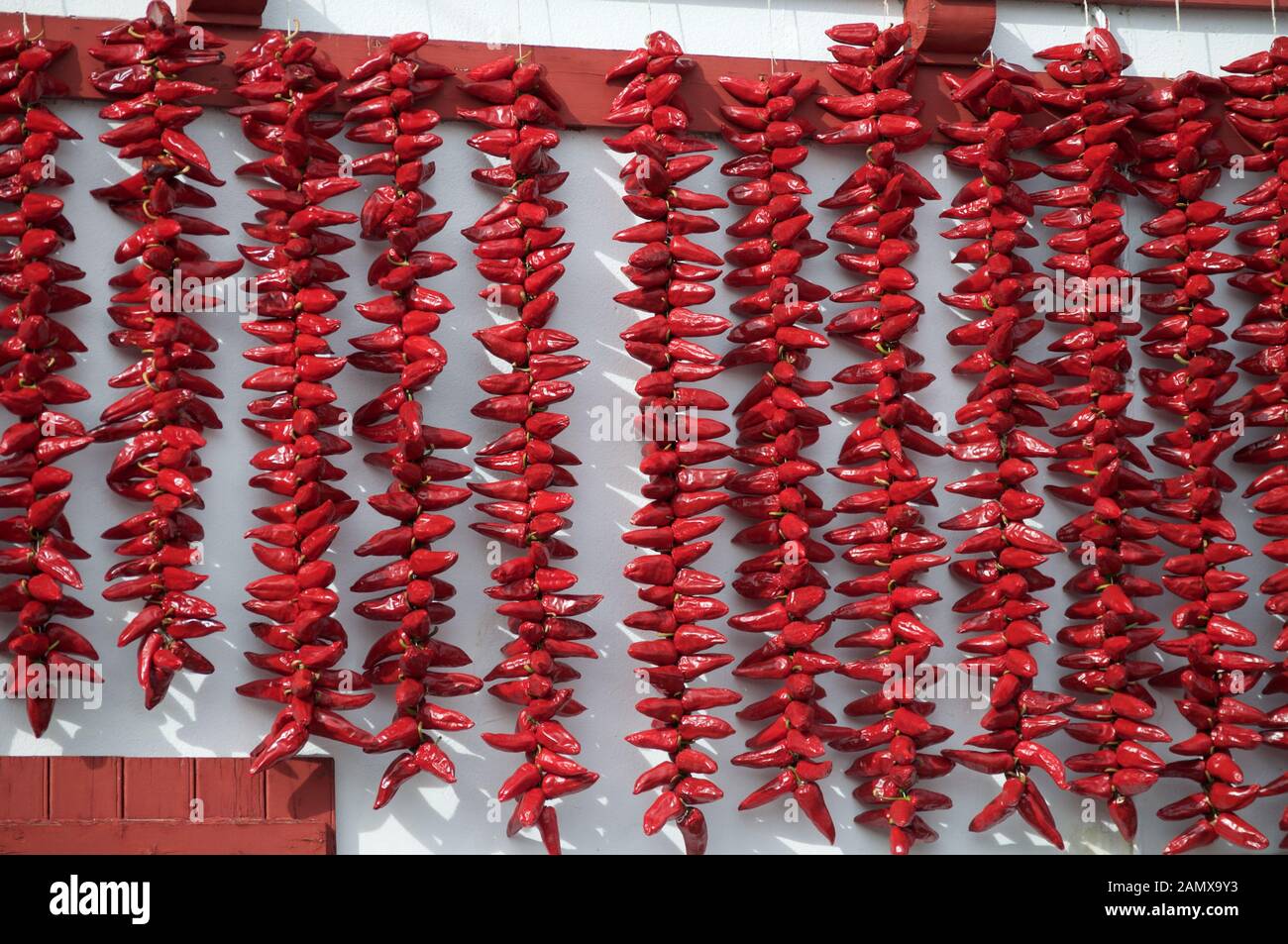 Garlands of small hot red peppers are hung on the walls of white in village Esplettein the Basque country France Stock Photo