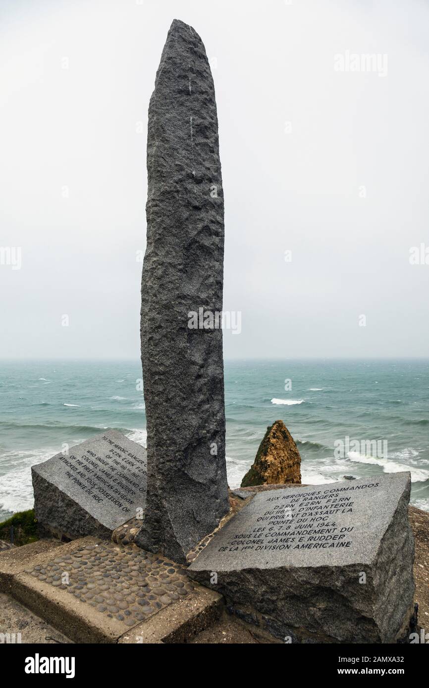 Memorial to the American Ranger Commandos who first took Pointe du Hoc in June 1944, Pointe du Hoc, Calvados, Normandy, France Stock Photo