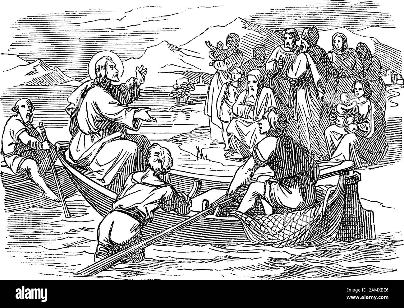 Vintage drawing or engraving of biblical story of Jesus teaching crowd at the gate. Parable of the sower. Bible,New Testament,Matthew 13, Mark 4, Luke 8. Biblische Geschichte , Germany 1859. Stock Vector