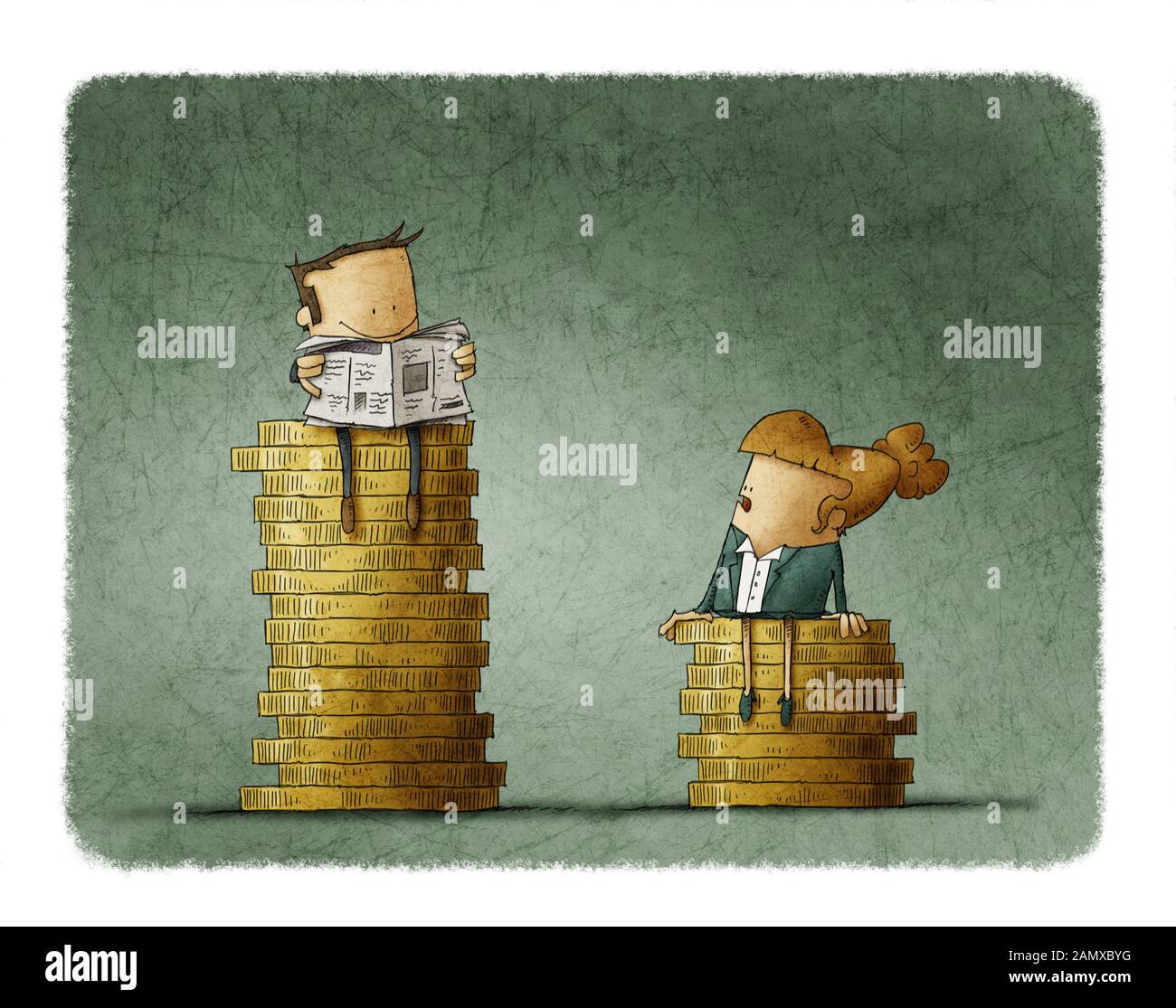 Gender wage difference concept. Illustration man and a woman sitting on top of a pile of coins. Stock Photo