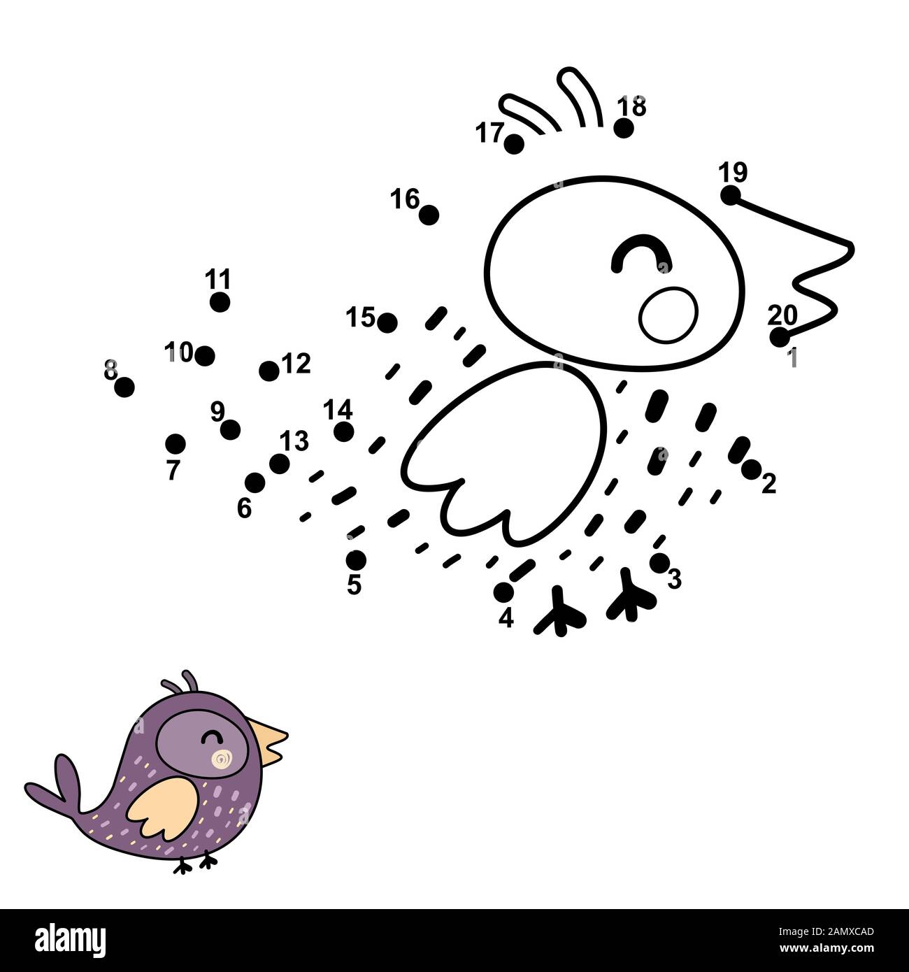 Connect the dots, draw and color a funny bird Stock Vector