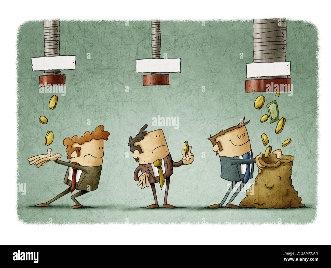 concept of salary difference. Three businessmen receive the money that falls from three pipes in different amounts. Stock Photo