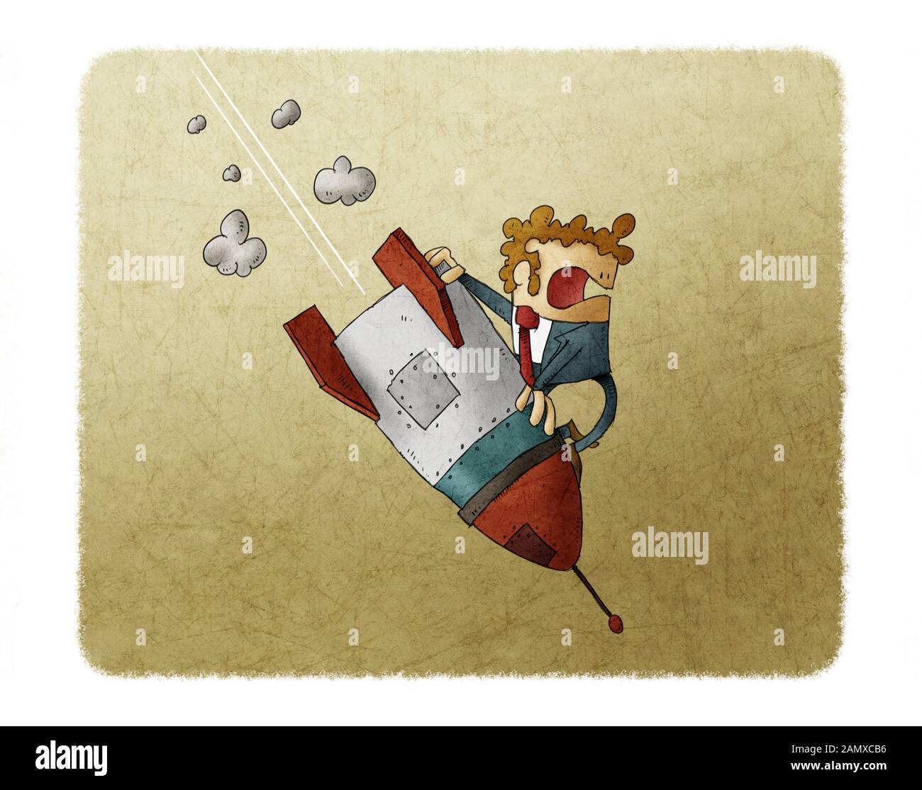 Businessman falling down on top of a rocket. Business failure, the rocket fall down. Concept of failed start up Stock Photo