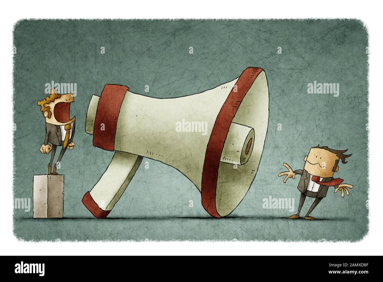 illustration of boss shouting at businessman through a big megaphone so loudly his hair being blown by strong wind. Stock Photo