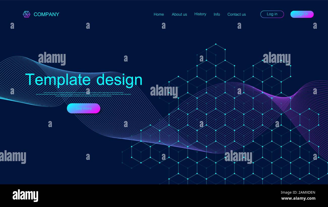 Landing page tech background with colorful dynamic waves and hexagonal boxes. Geometric abstract background with lines and dots, cube cell. Website Stock Vector