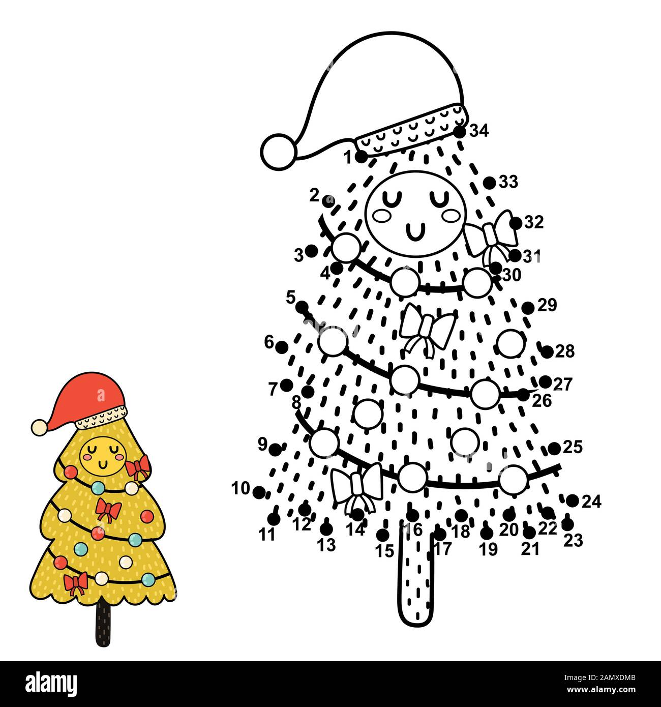 Dot to dot game with a cute Christmas tree in Santa hat Stock Vector