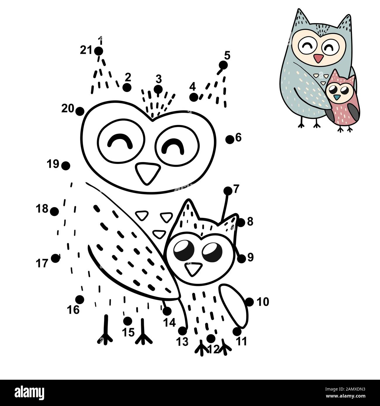 Dot to dot game for children with a cute mother owl and her baby Stock Vector