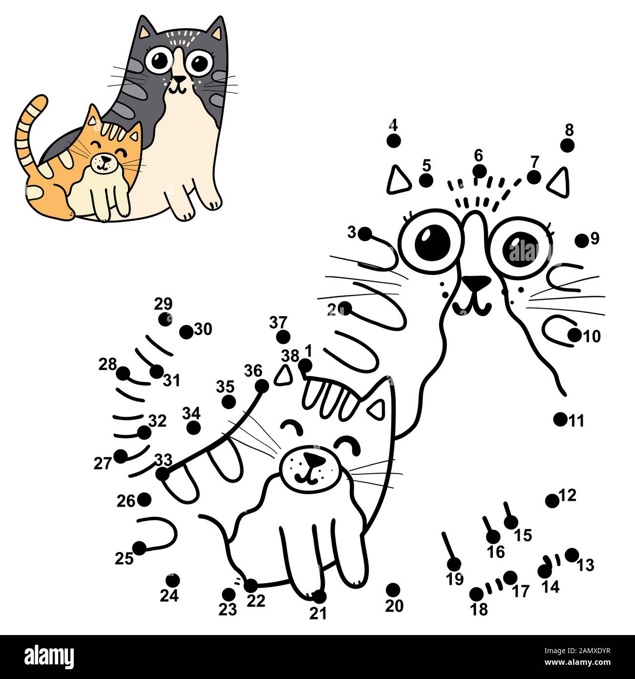 Dot to dot puzzle for kids with cute cats - mother and her baby Stock Vector