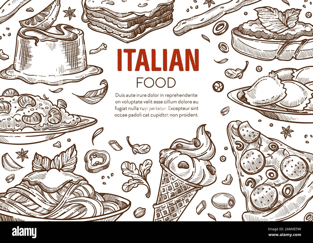 Pasta and pizza, Italian cuisine dishes, Italy restaurant menu Stock
