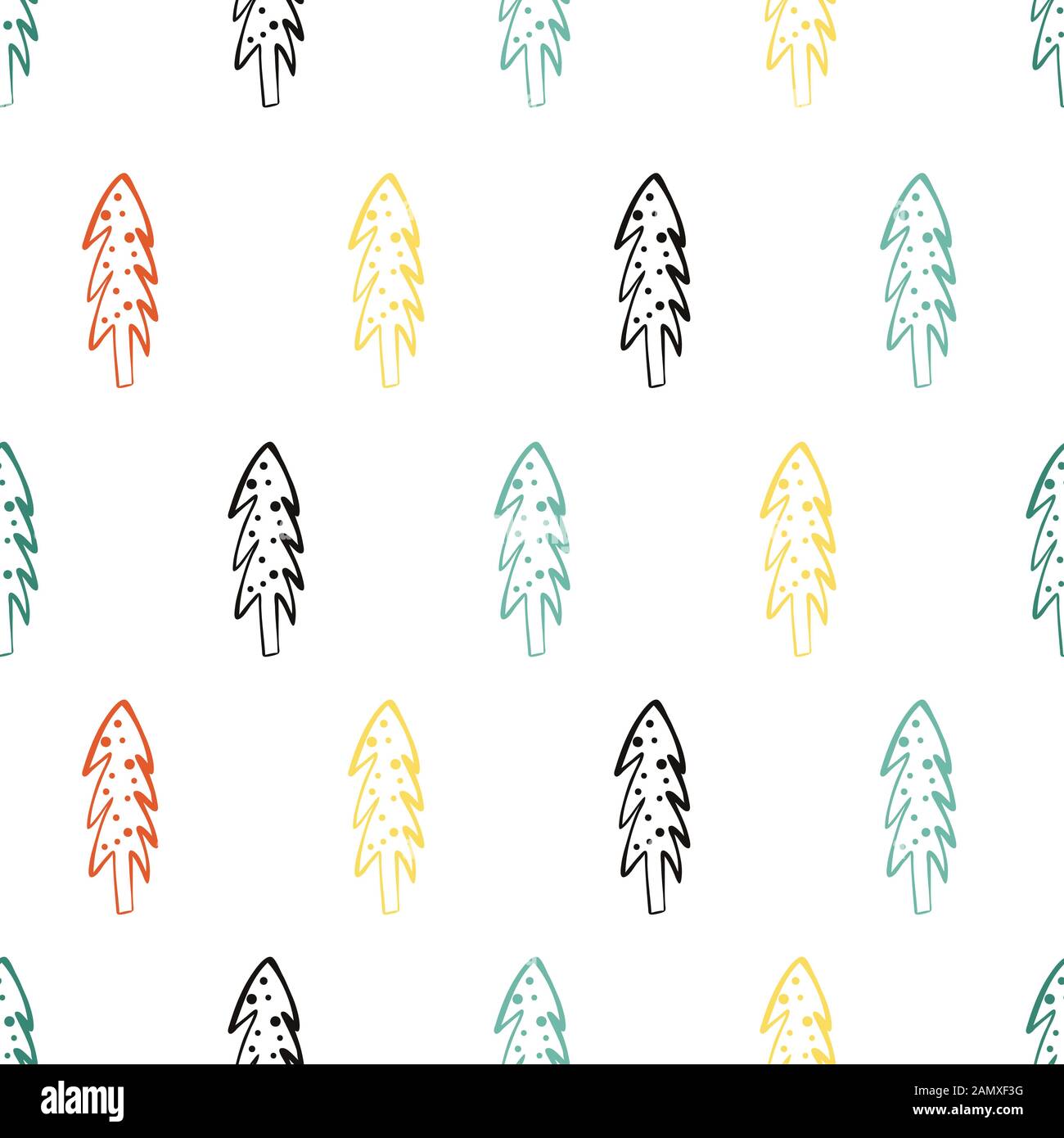 Seamless pattern with doodle Christmas trees. Winter background Stock Vector