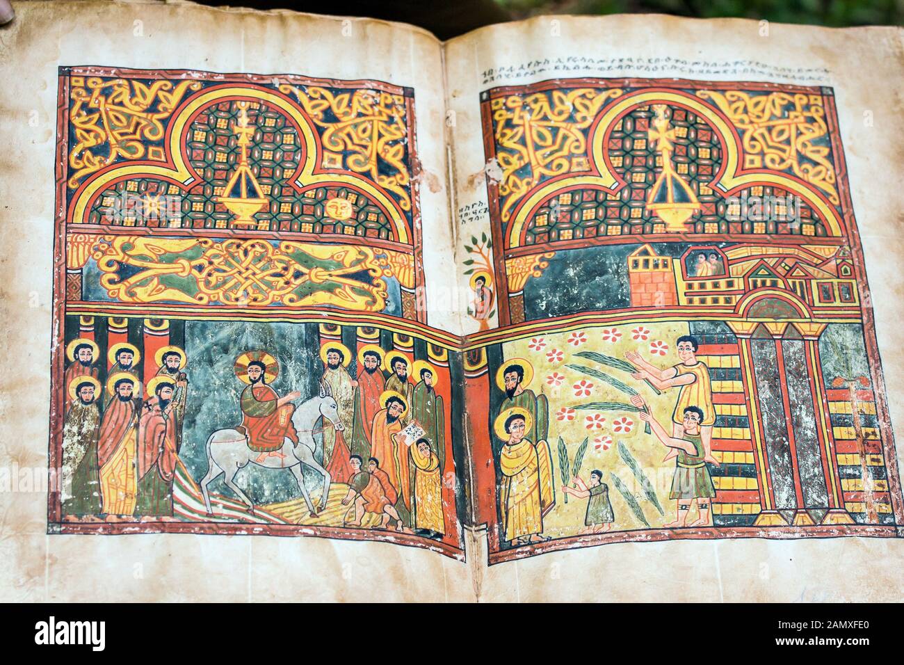 The monastery’s treasures include ancient illuminated manuscript. Kebran Gabriel  monastery, Kebran Gabriel Island, Lake Tana. Ethiopia. Stock Photo