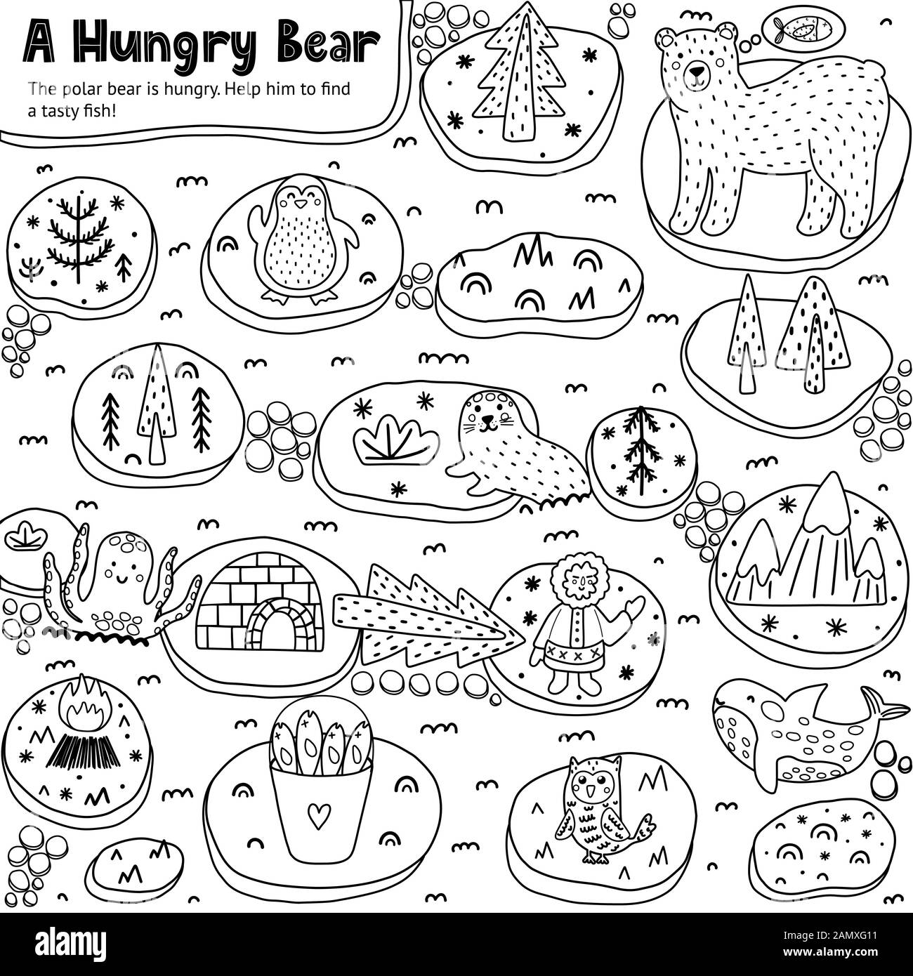 A Hungry Bear black and white labyrinth game for kids Stock Vector