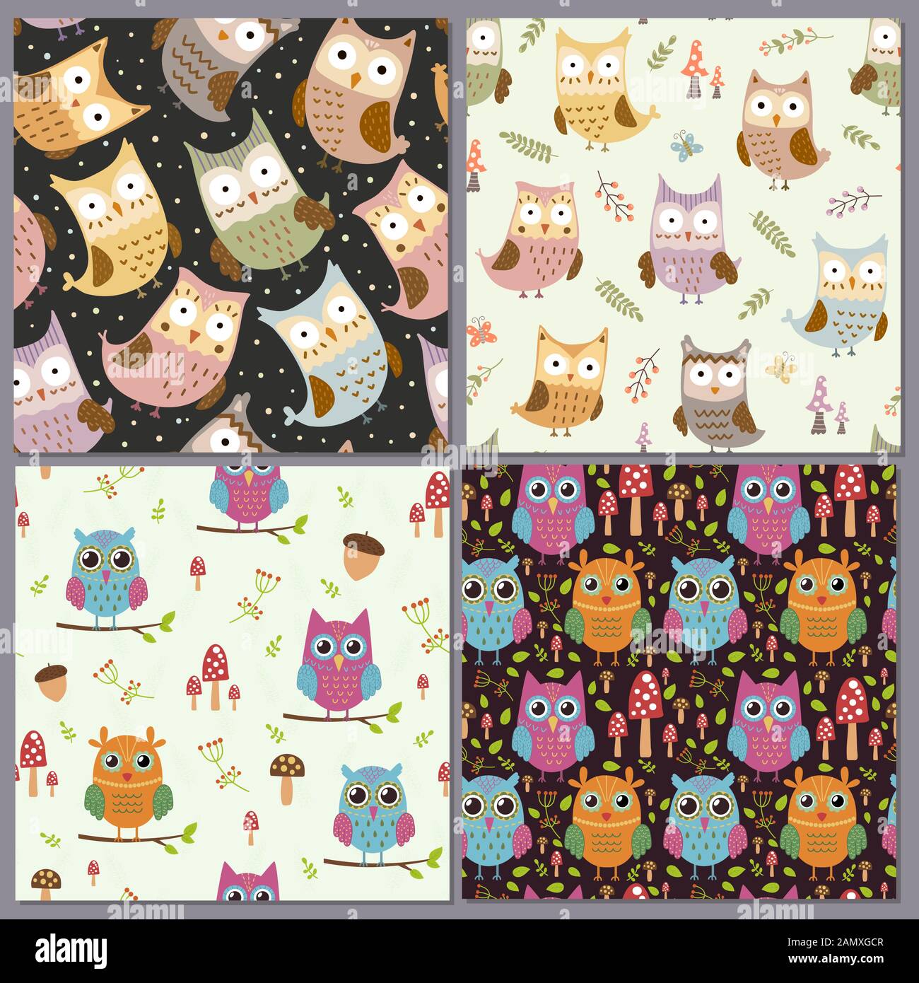 Cute owls seamless patterns set. Funny animals backgrounds Stock Vector