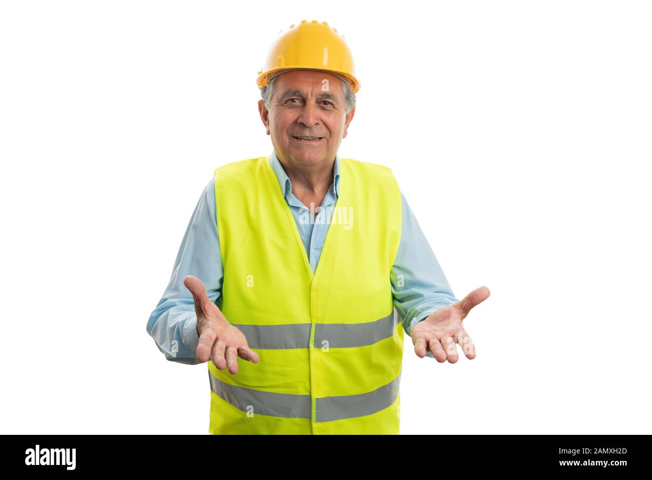 Old builder man making confused gesture with hands and expression as ...
