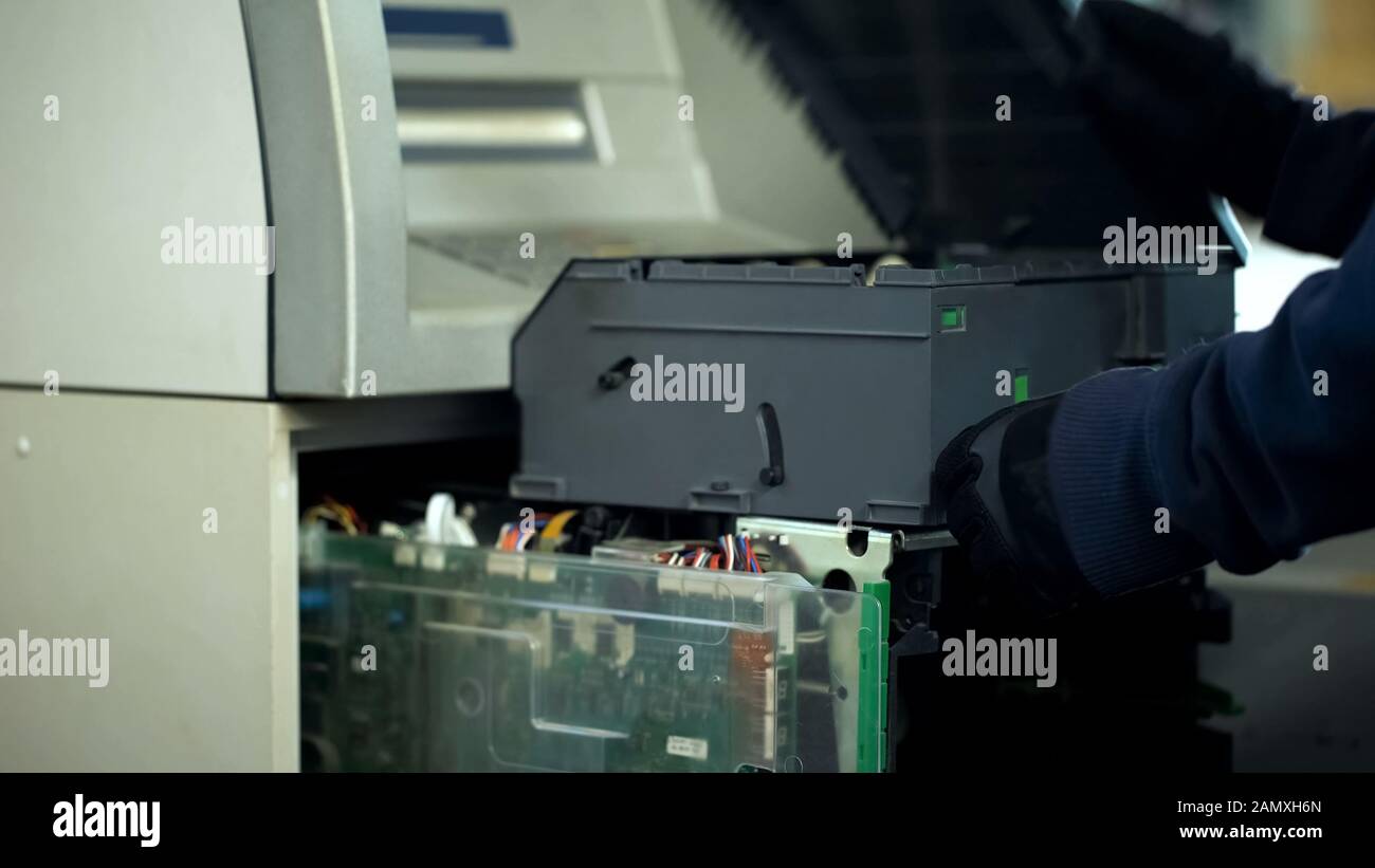Bank Job Transit Bank employee opening ATM safe, checking breakdown, cash-in-transit ...
