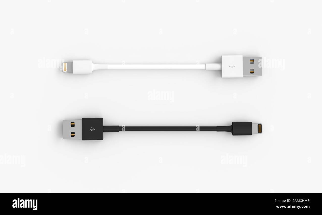 pair of black and white usb cables on a white background, horizontal format and flat lay style. copyspace. 3d render. connection concept. Stock Photo