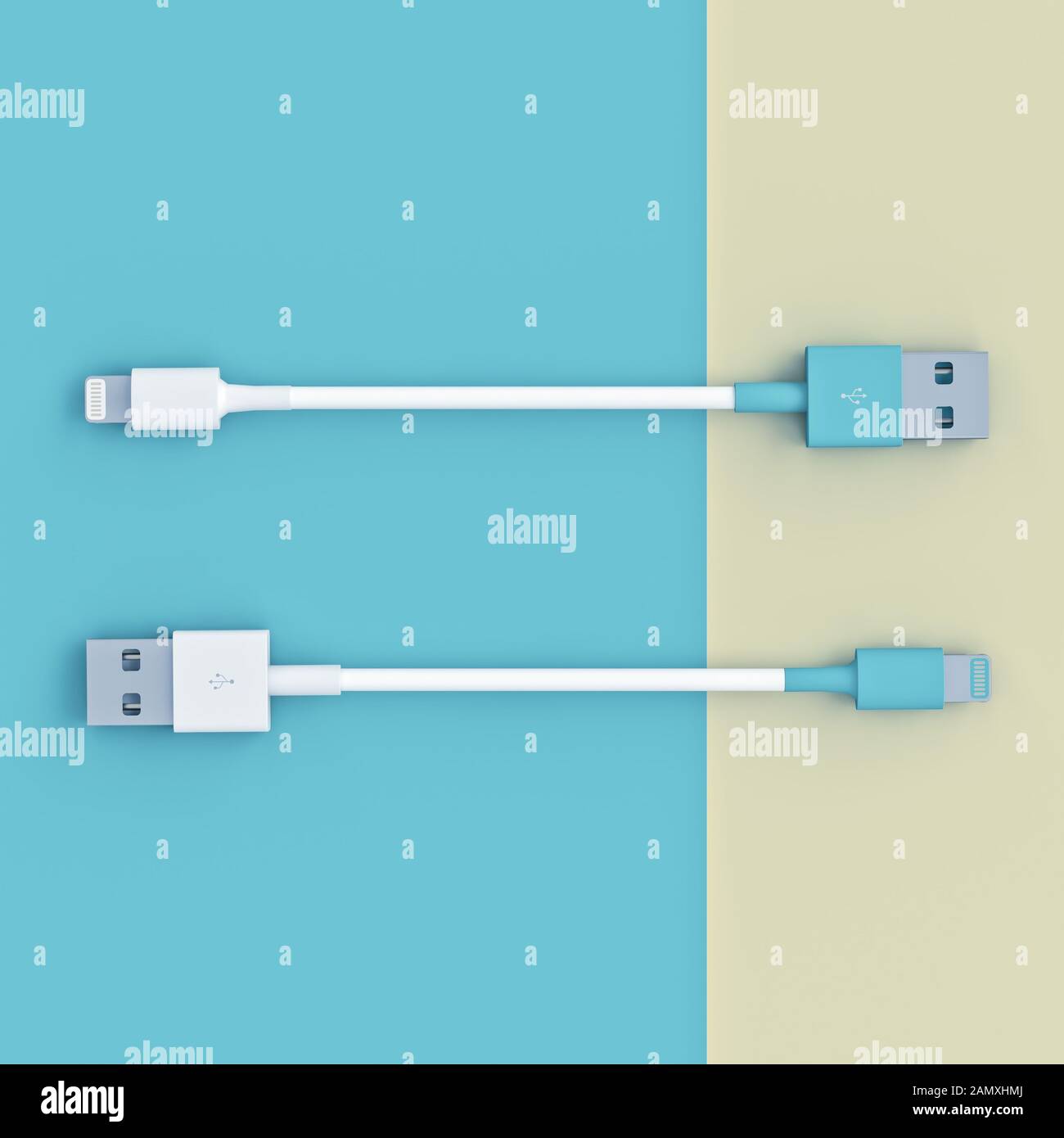 white and blue usb connection cables on a flat lay style bicolor background, square format. nobody around. 3d render. technology and connection concep Stock Photo