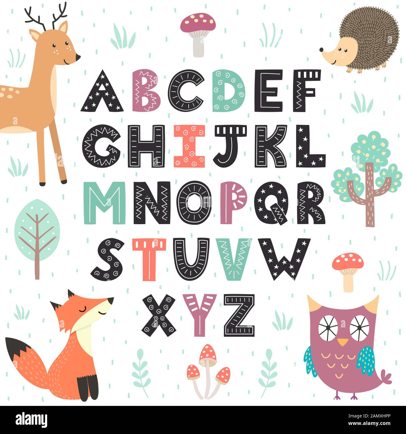 Alphabet poster with cute forest animals. Wall Art for kids Stock Vector