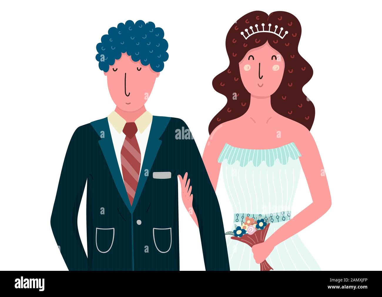 Bride and groom happy couple. Isolated people in flat style Stock Vector