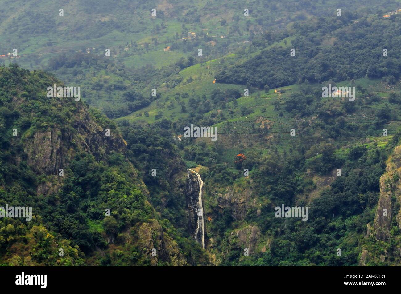 scenic landscape of nilgiri mountains and catherine falls at coonoor near ooty hill station in tamilnadu, india Stock Photo