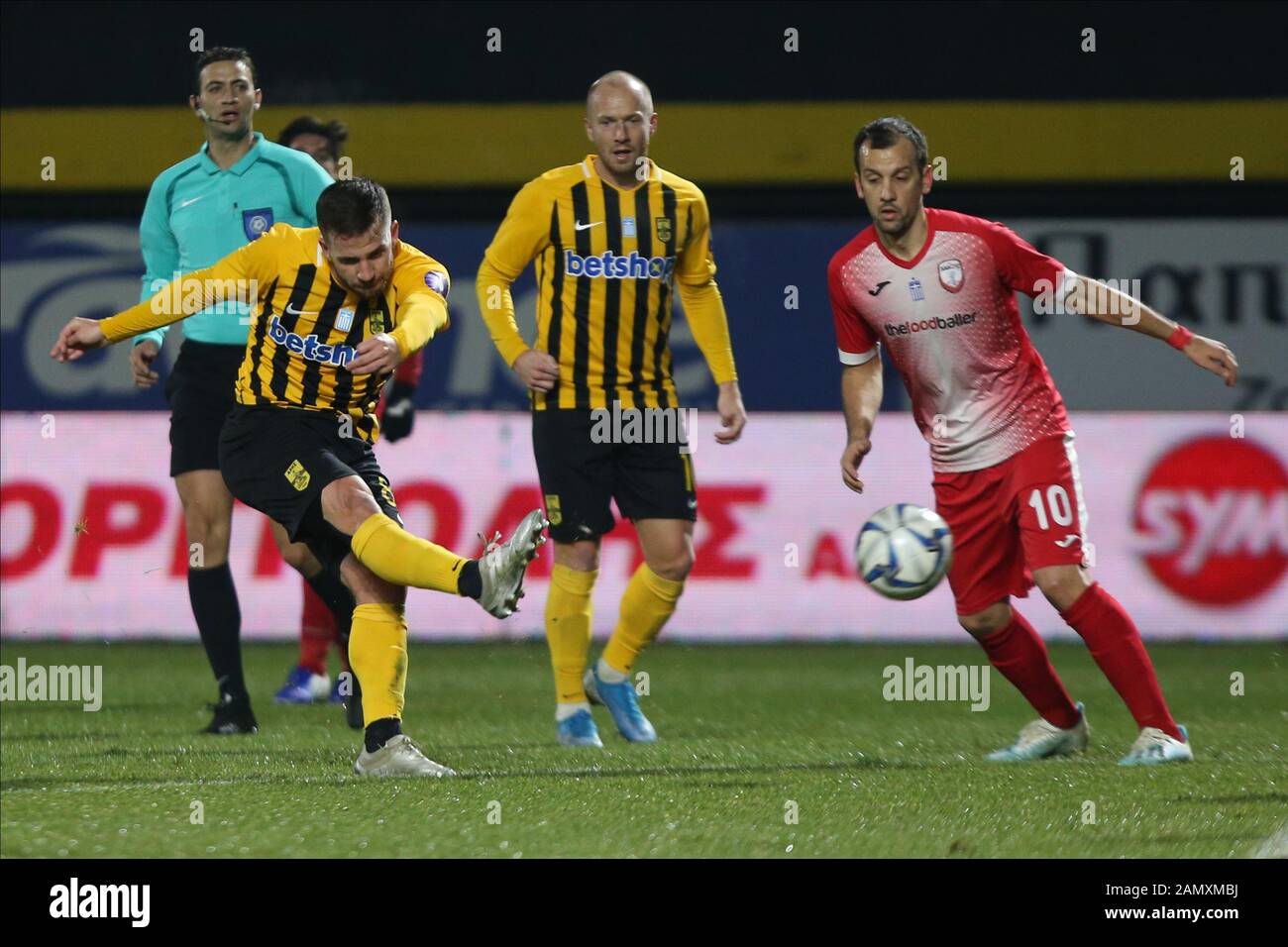 Thessaloniki, Greece. 14th Jan, 2020. Aris FC player Lucas Sasha (Left)  shoots during a match between Aris FC and Xanthi FC. Match between Aris FC  and Xanthi FC for the Round of