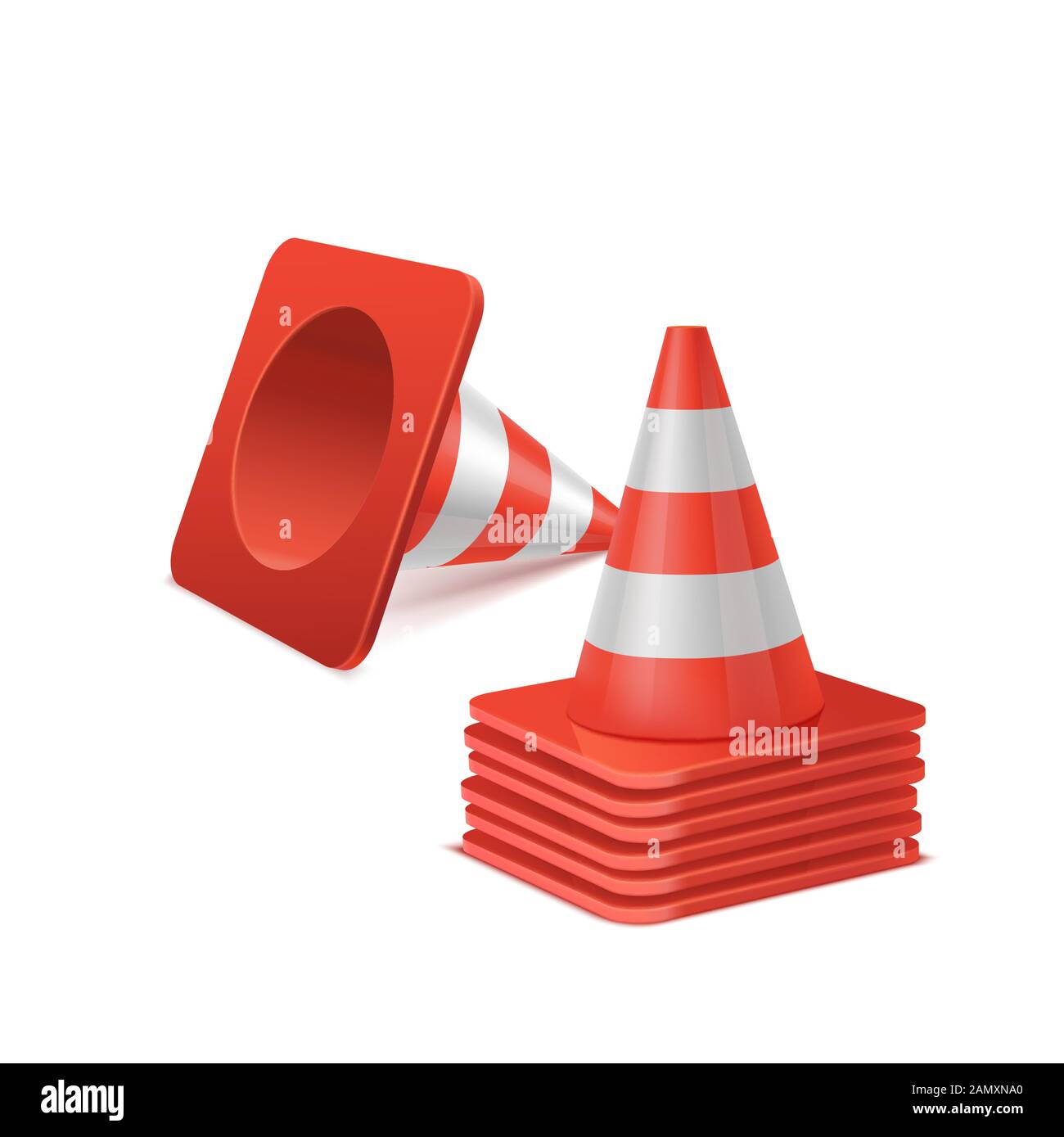 Realistic vector set of plastic road cones in various positions Stock