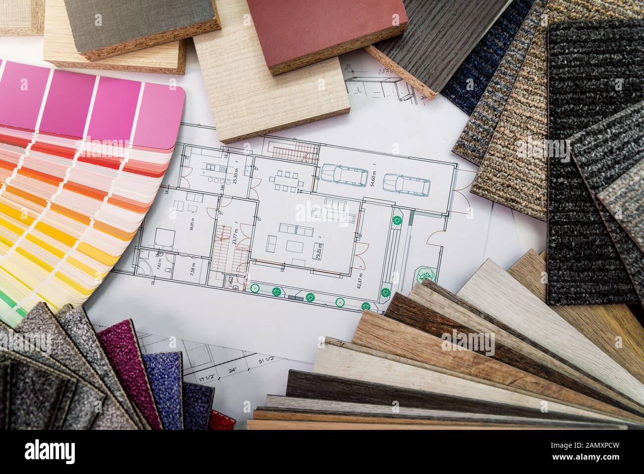 interior design materials and color samples with floor plan blueprint Stock Photo