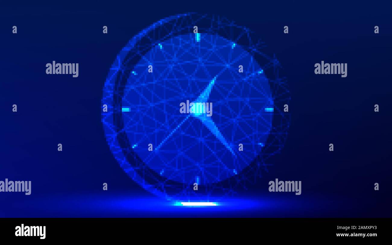 wall office clock. Abstract Low Poly wireframe mesh design. On dark