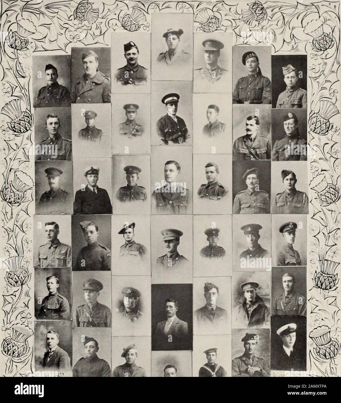 Roll of honour of the pupils and staff of Dunfermline High School . 1st Row—L.-Cpl. J. MK.-u ?; Sgt.J. Erskine. V.C. Cpl. R. Fergus. 2,u! Row—Lt. D. Fmnie; Lt. Rev. K. Keltie; Cpl. A. Bowie; Cant. W. Grandison. 3rd Row—I.t. A. Young; Pte. R. Hutton; Lt. K. Stephen ; Lt. W. Brown; /..-(.*/. /(. Erskine; Bbr. R. Robertson. 4th Row—/./. #. Stewart; Sig. .1. Erskine; (AH. D. Stewart ; Pte M. Hamilton; I.t. A. Farrell; L.-Cpl. J. [nglis; Pte. T. Watson. 5th Row—L.-Cpl. J Hamilton; Lt. W. Auchterlonie; Cr. R. Davidson; Capt. J. Row an. M.C.; Tel. J. Clark: I.t. R. Couper, Pte. I. Dorfman; Lt. C. Si Stock Photo