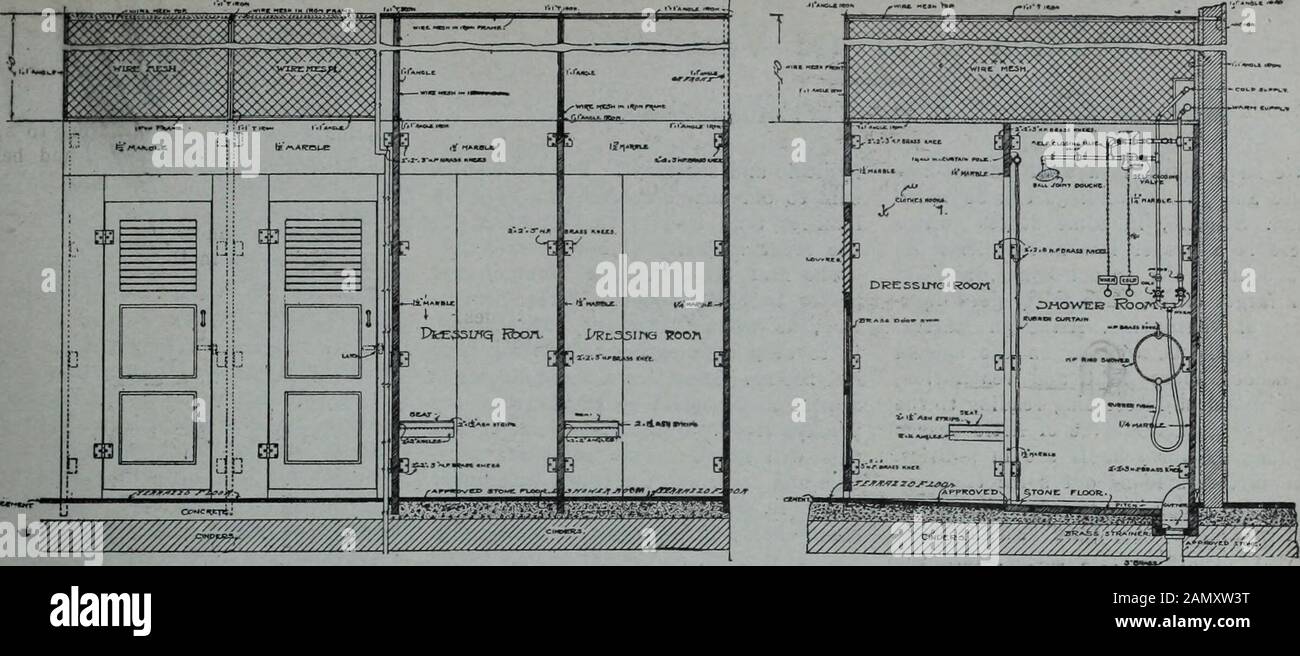 Mechanical Contracting & Plumbing January-December 1908 . SHOWER BATH DETAILS. FIG. 4—PLAN AND CROSS SECTION OF SHOWER ROOM April 22, 1908. PLUMBER AND STE A JI FITTER. SECTION ON LINE A-A SHQWER BATH DETAILS-Fig. s- cold-water lines connect into the branchwarm-water supply pipes in each in-dividual apartment for a separate cold-water supply to the shower. The pipes from the mixing chamberare of sufficient caliber to properly sup-ply all of the bath compartments incase all of the showers should be oper-ated at the same time. The branchwarm and cold water supply pipes in thebath compartments ar Stock Photo