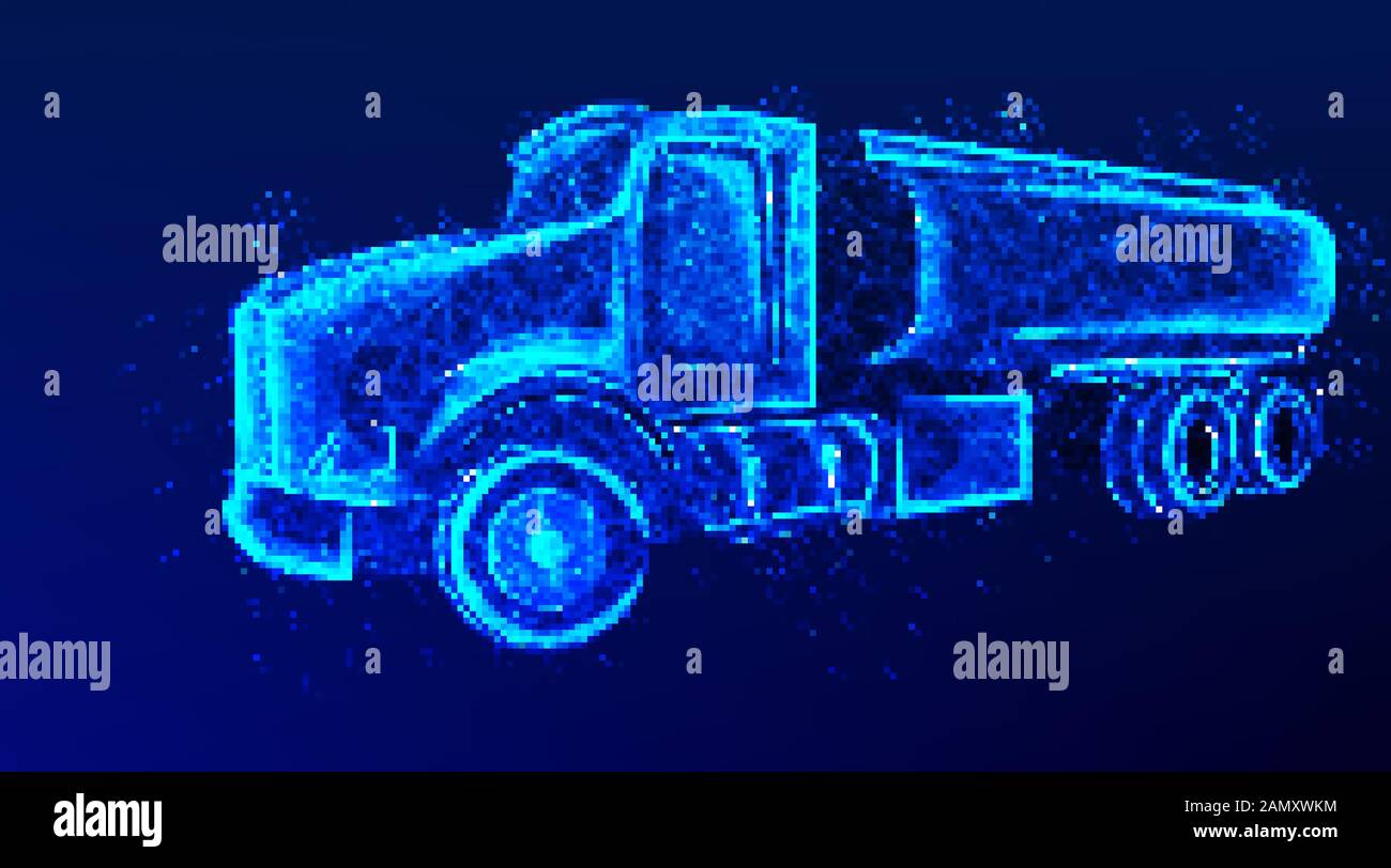 truck, oil tanker, oil transportation.abstract low poly wireframe mesh design. from connecting dot and line. vector illustration on blue background Stock Vector