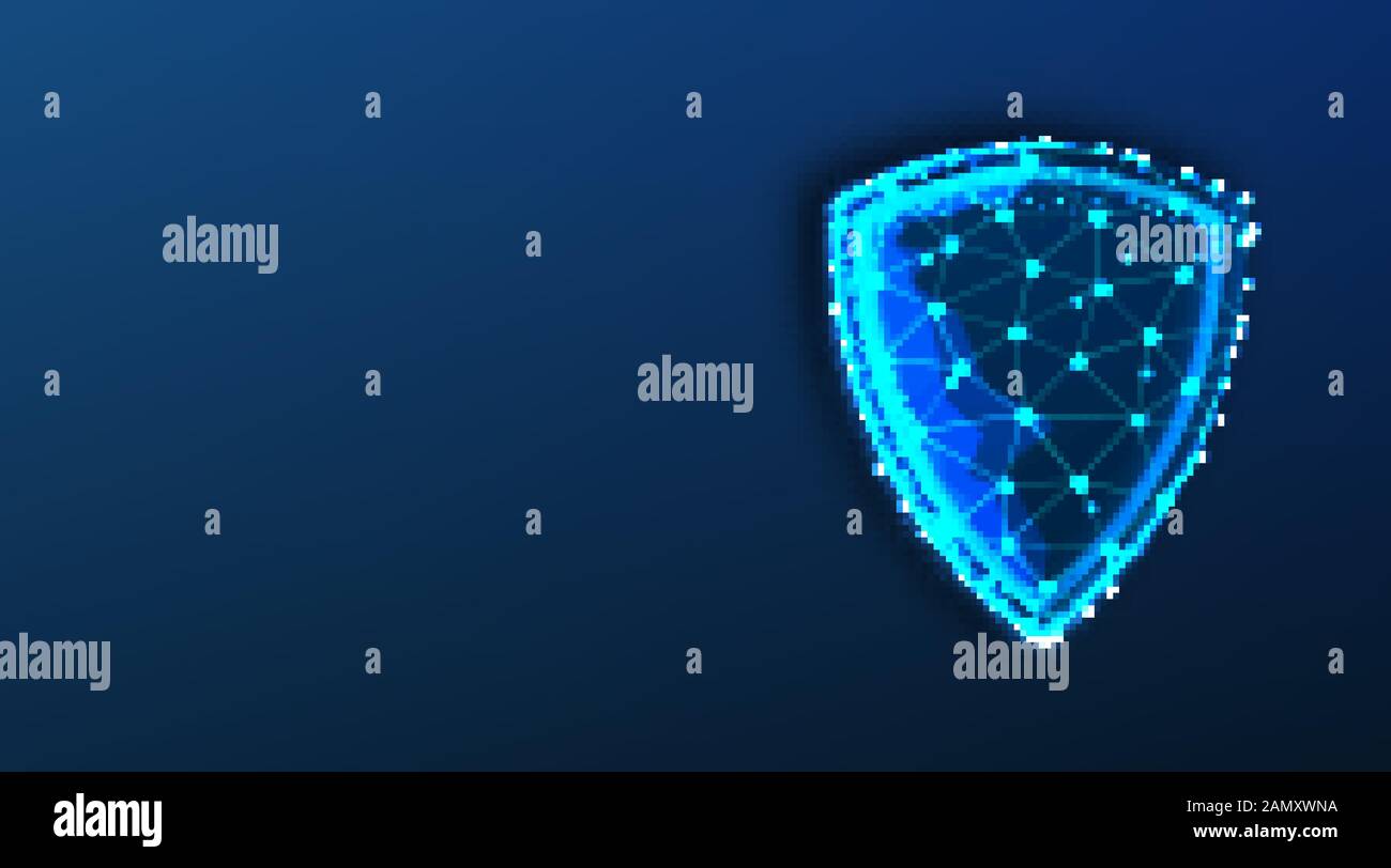 shield protection. Abstract Low Poly Wireframe Mesh Design. Isolated On Dark Blue Background Stock Vector
