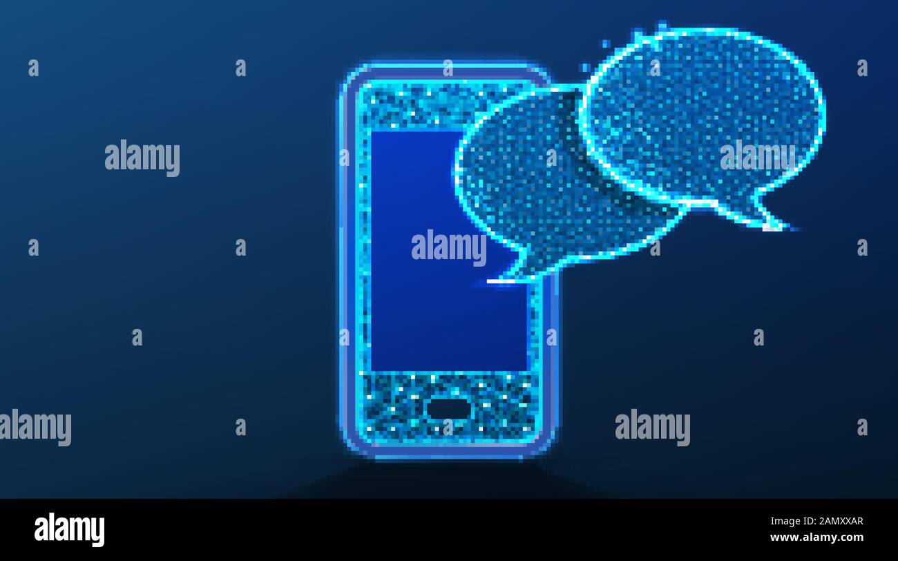 Phone and bubble speech, communication concept. Abstract Low Poly wireframe mesh design. On dark blue background. Vector Illustration Stock Vector