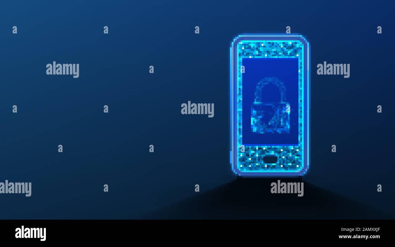phone, padlock Abstract Low Poly wireframe mesh design. On dark blue background. Vector Illustration Stock Vector