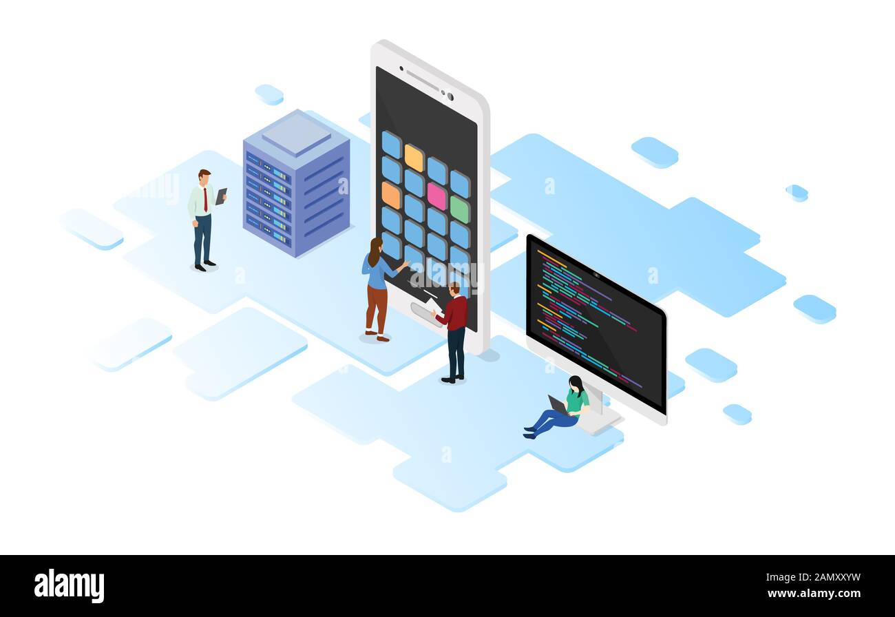 mobile app development with programming language and server with team developer and isometric design style - vector Stock Photo
