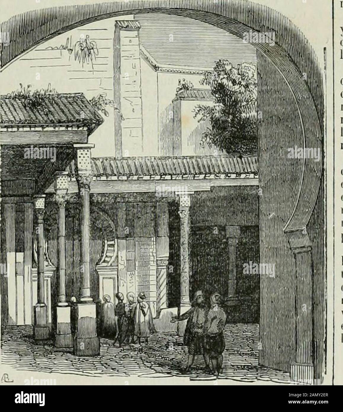 L'illustration : journal universel . des murs est décorée darmes précieuses ; les crochets aux-quels ;elles sont suspendues sont ,cachéspar des nœuds de. (Tunis. — Maison du Divan.) rubans de couleur, et derrière chaque fusil il y a habituelle-ment un paquet de cartouches toutes préparées. Le grand sa-lon a une fenêtre descendant jusquà terre et composée delarges carreaux de glace séparés et maintenus par des ba-guettes de bois posées en travers. M. Félix Flachenaker, quia longtemps habité Tunis, et àlobligeance duquel nous sommes redevables des dessins quenous publions, a donné, dans le récit Stock Photo