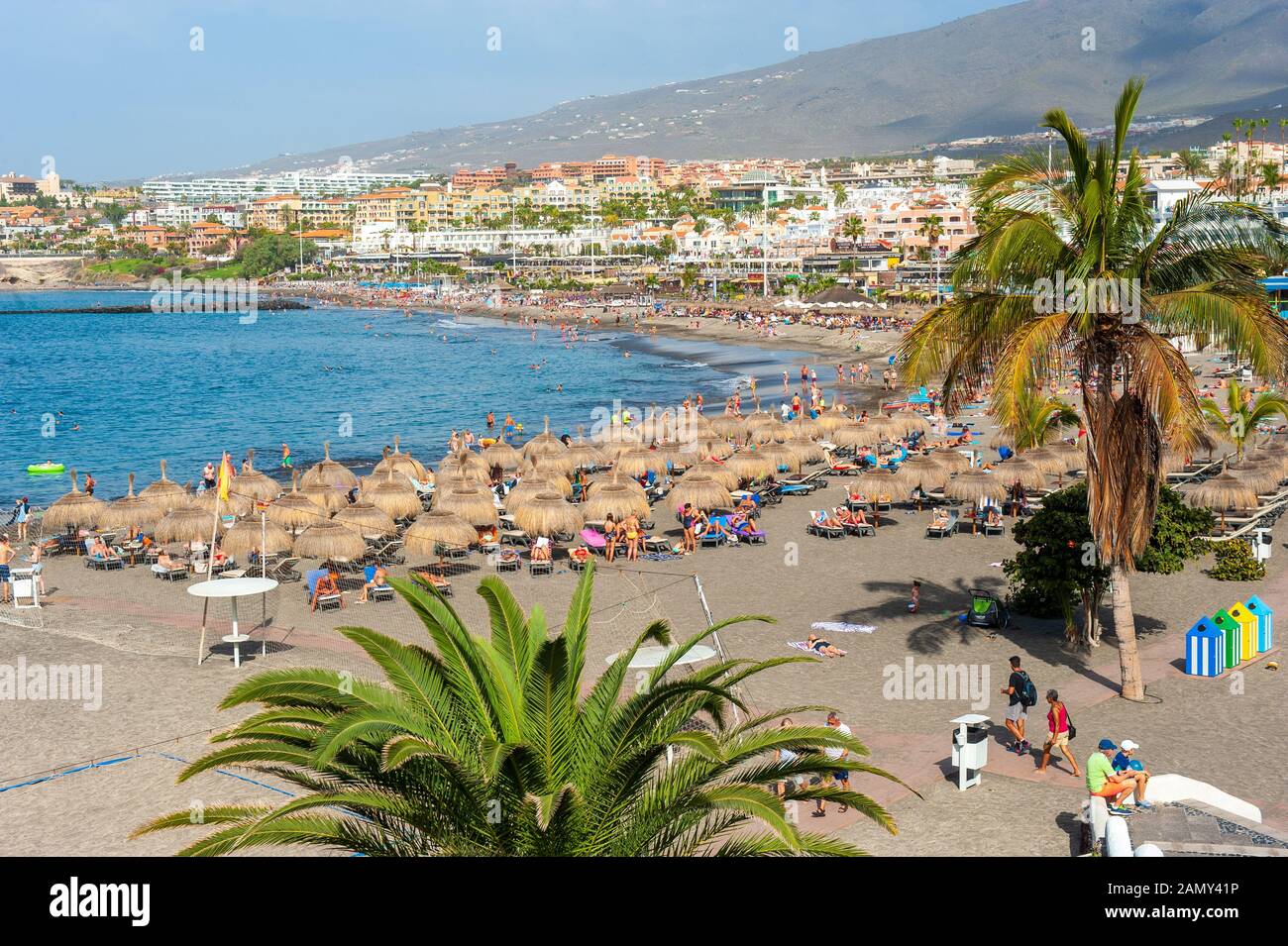 CANARY ISLAND TENERIFE, SPAIN - 26 DEC, 2019: View of the beach called playa de torviscas. One of the most popular beaches for tourists on Tenerife. Stock Photo
