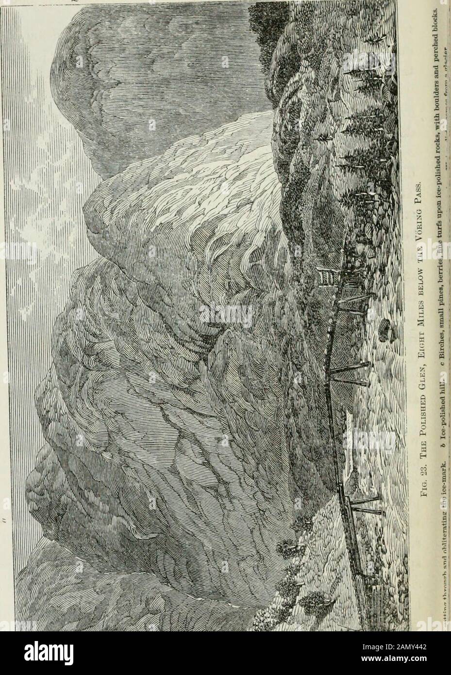 [Frost and fire : natural engines, tool-marks and chips : with sketches taken at home and abroad by a traveller] . markAvill continue like the letter (J ploughed out of the bottom of the curved glen n . It will always be an angle L dug out of a slope. The Voring Foss in the Hardanger Fjord is another not-able specimen of river-work of this class. A large stream flows from snowy mountains, amongstwhich a few glaciers still nestle. It flows over an ice-groundplateau, in which it has worn a shallow bed ; but when itreaches the sloping side of the lower valley, the streamplunges suddenly sheer dow Stock Photo