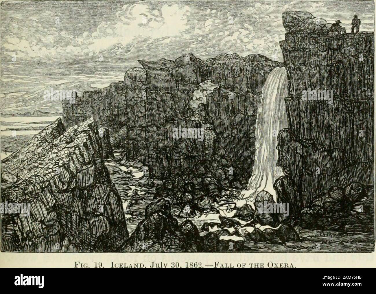 [Frost and fire : natural engines, tool-marks and chips : with sketches taken at home and abroad by a traveller] . )id, but it gives a greatage for these Icelandic rocks, and for those on which they rest. At other spots streams have cut wide and deep channelsin lavas of the same kind. The river at G-odafoss, in the 91 north, has cut a deep channel, and has worked its way back-wards for some hundreds of yards. The smoothed water-wornsurface is plainly seen on cliffs far below the fall. The riveris large, so it must work faster than the Oxera ; but if one hascut 900 feet, while the other has onl Stock Photo