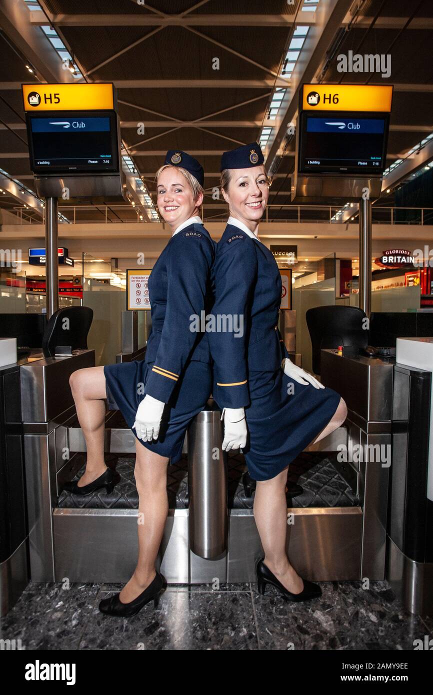 British Airways cabin crew in original cabin clothing from 1958 BOAC