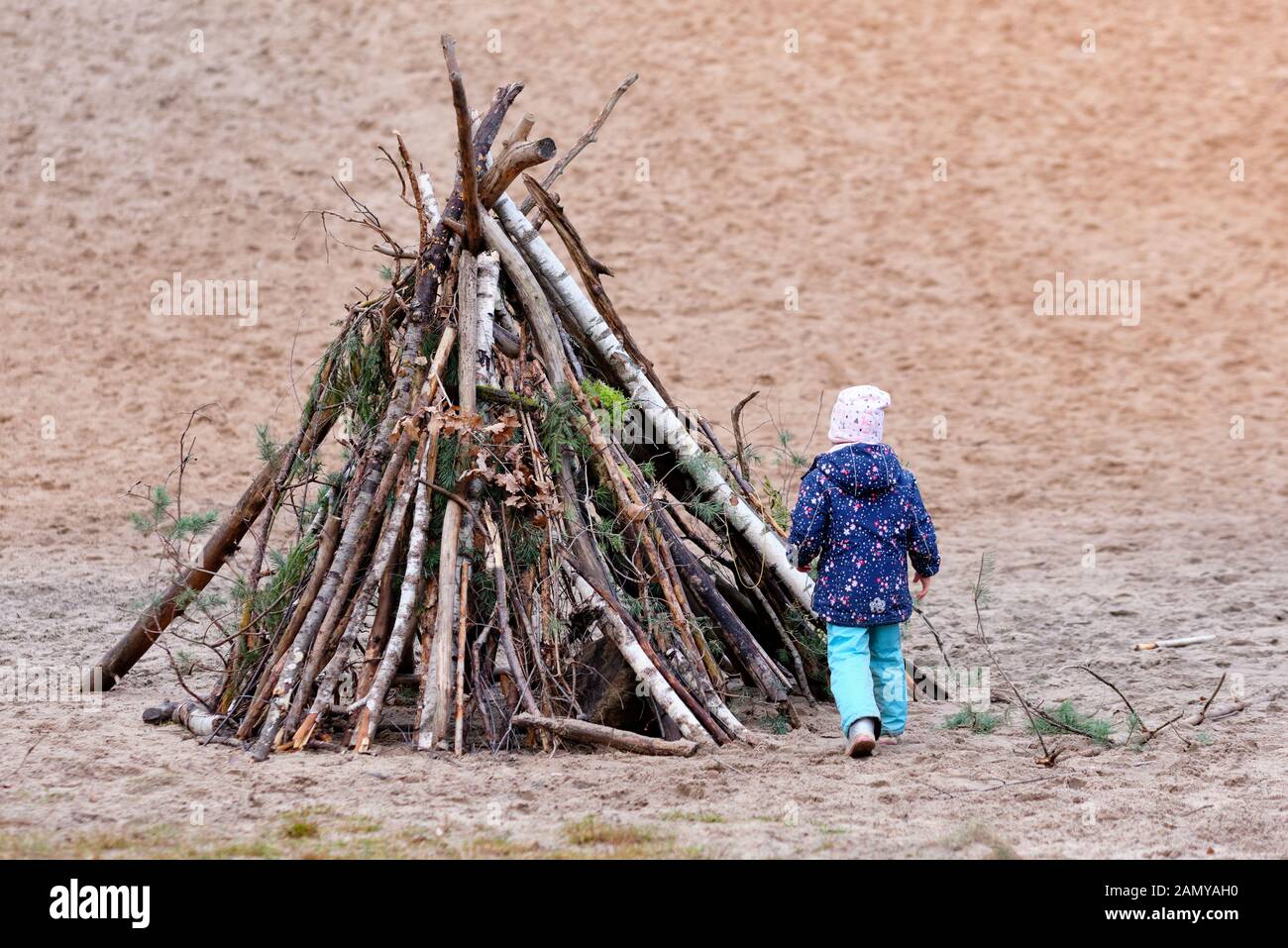 Child girl walking to a conical tepee built of branches from the woods on a huge sand dune. Seen in Germany in January. Stock Photo