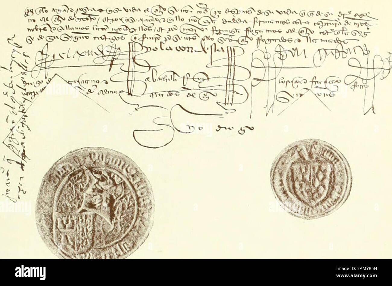 Series de los más importantes docvmentos del archivo y biblioteca del exmoseñor dvqve de Medinaceli . Mediitaeeli, C-26-2^.1 XL COXFEDERACloXFS entre los Condes de Medinaeeli, Don Luis de la Lerda y Doña Juana de Leiva y el Sr. D. Gastón de la Cerda, hijo del /¡rimero, y juramento y pleito homenaje de no quitar d dichos Condes las villas y fo?talezas de que el Rey les había hecho donación hasta la muerte de D. Luis. {1446.) En el .Alcazai de la illa de Aicos, 26 dias del mes de Agosto, año del nasci-miento de nuestro Salvador Jesu Cristo de mil cuatrocientos cuaienta y seis años,estando prese Stock Photo