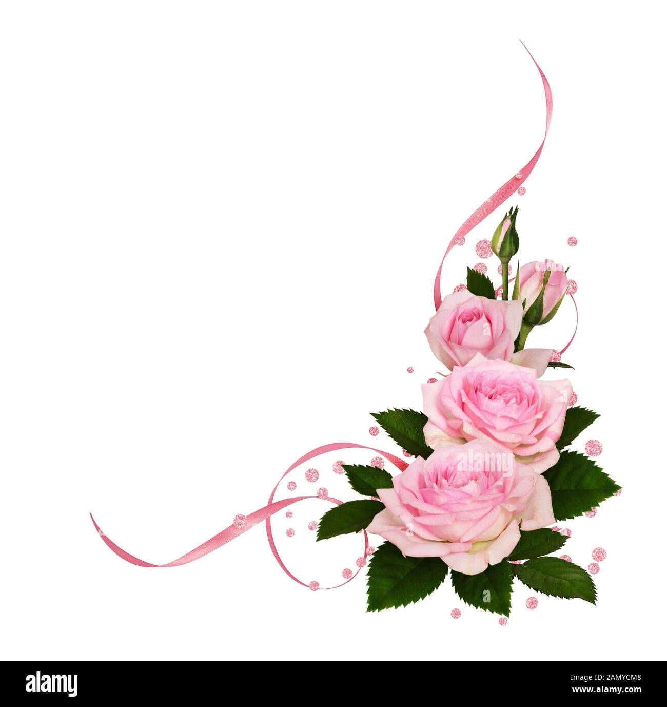 Pink rose flowers with green leaves, satin ribbons and glitter confetti