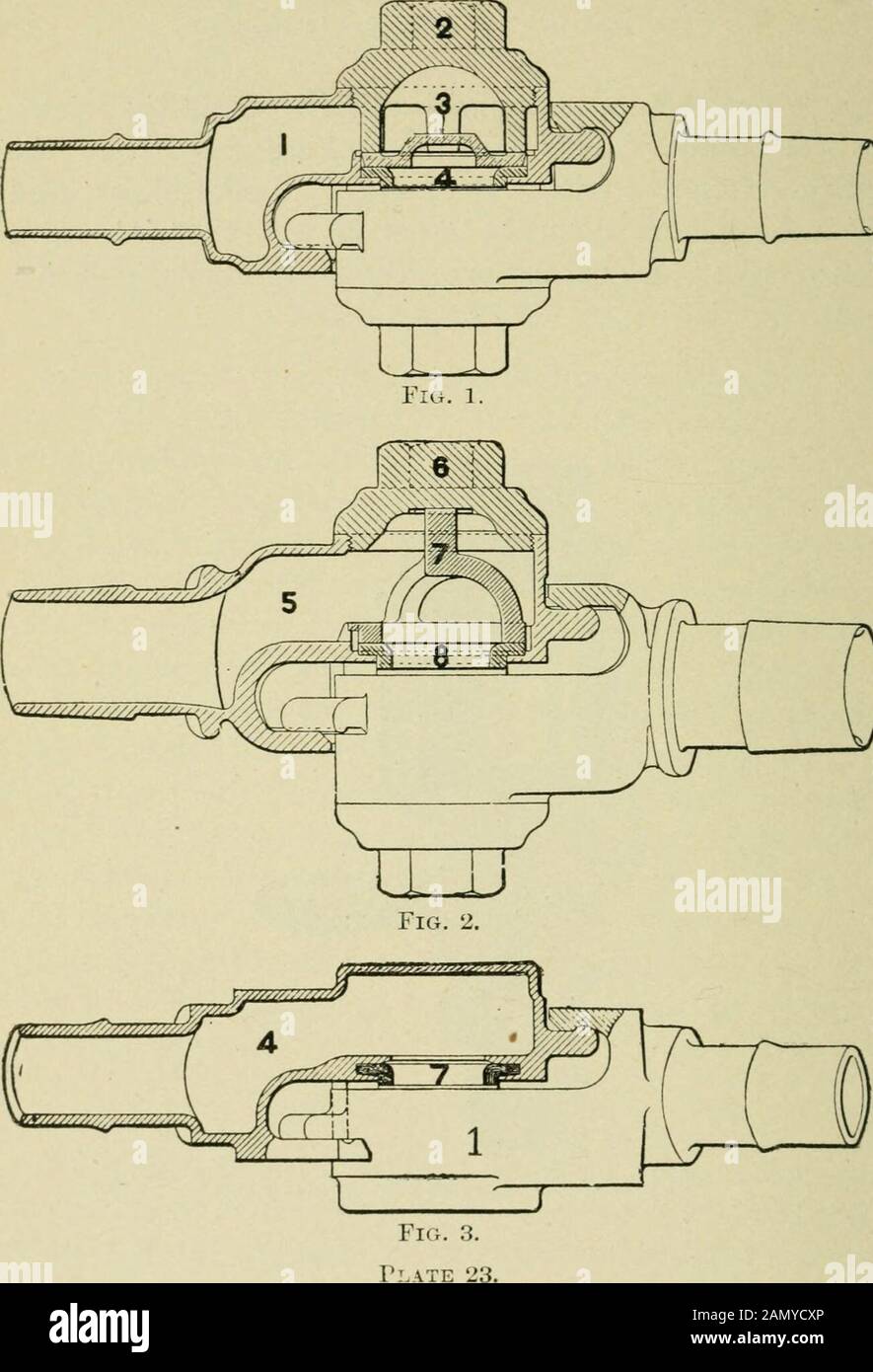 Diseases of the air brake system; their causes, symptoms and cure . Plate 22.—Pressure PiEtaining Valve.. 88 Diseases of ihe Air Brake System. 89 HOSE COUPLING Before taking up the subject of Foundation Brakes, letus now give a little attention to the hose coupling. Thecare required by this part is mainh* necessitated by wearor destruction of the packing rubber or gasket, whichmust be occasionsUy renewed. With the designs in most common use (shown in Plate23, Figs. 1 and 2) this renewal can most readily beeffected by taking the hose off from the car to some placewhere the cap on the back can b Stock Photo
