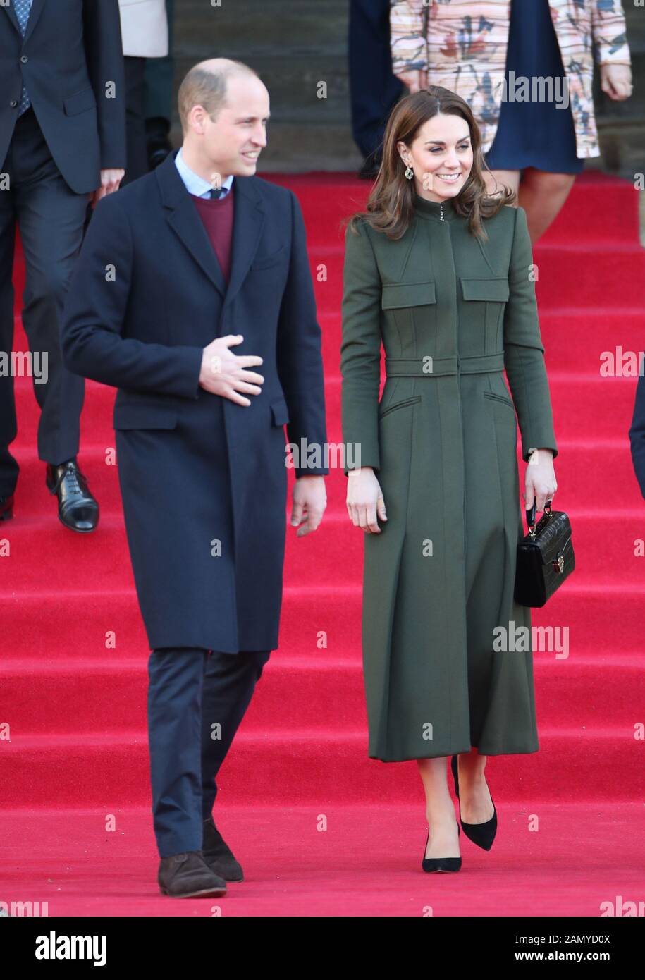 The Duke and Duchess of Cambridge leave after a visit to City Hall in Bradford to join a group of young people from across the community to hear about life in the city. Stock Photo